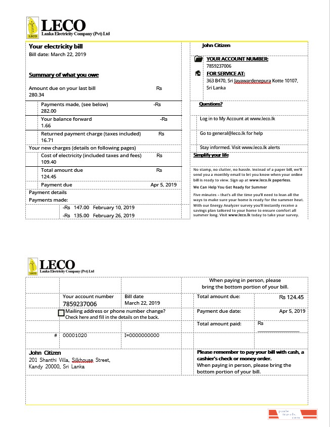 Sri Lanka LECO electricity bill in Word format